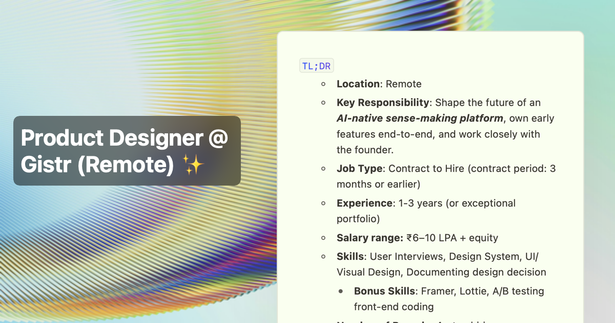 Senior Product Designer @ Gistr (Remote) ✨